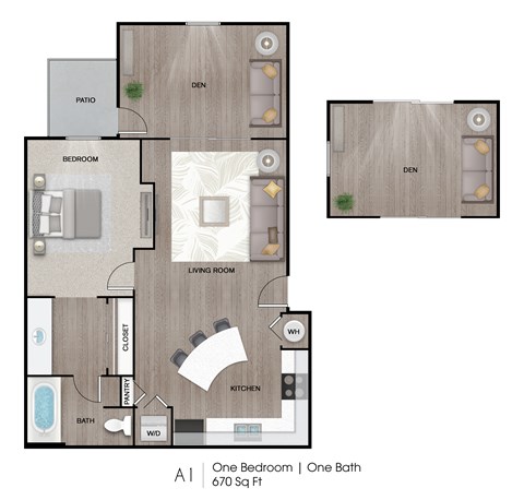 A one bedroom apartment with a living room, kitchen, and bathroom.